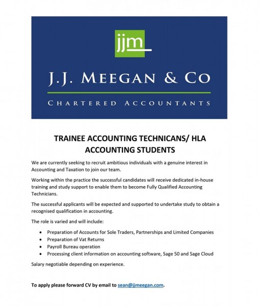  J.J Meegan & Co require a Trainee Accounting Technician/