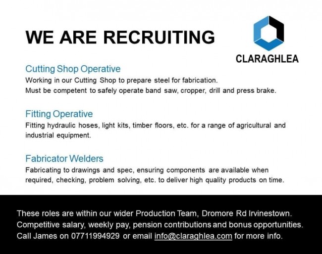 ⭐️⭐️⭐️  Claraghlea Ltd are recruiting .