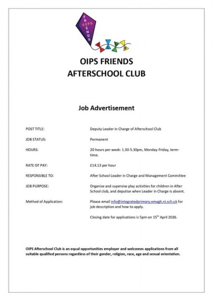 OIPS FRIENDS CLUB ARE LOOKING FOR A DEPUTY LEADER